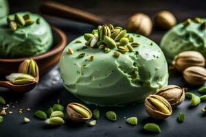Grün Pistazie Eis Sahne mit Nüsse. KI-generiert foto