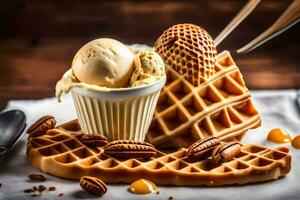 Eis Sahne im Waffel mit Pecannüsse auf ein hölzern Tisch. KI-generiert foto