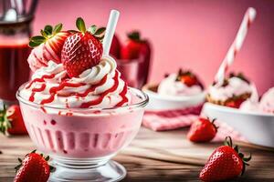 ein Erdbeere Eisbecher mit ausgepeitscht Sahne und Erdbeeren. KI-generiert foto