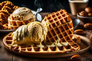 Eis Sahne Waffel mit Nüsse und Kaffee auf ein hölzern Tisch. KI-generiert foto