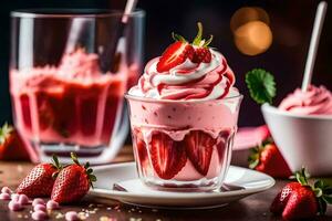 Erdbeere Käsekuchen Dessert mit Erdbeeren und ausgepeitscht Creme. KI-generiert foto