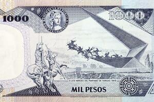 Szene Auszeichnung 1819 Schlacht Helden von alt kolumbianisch Geld foto