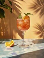 Aperol Spritz Sommer- trinken im Glas mit Schatten, tropisch Hintergrund. generativ ai foto