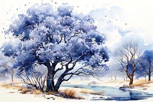 Winter malerisch Aquarell Landschaft. ai Kunst foto