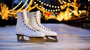 ein Paar von Weiß Rollschuhe gegen das Hintergrund von ein Eis Skaten Eisbahn und Erleuchtung. ai generiert. foto