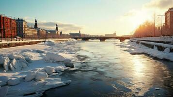 Winter Stadt Landschaft beim Dämmerung. ai generiert foto