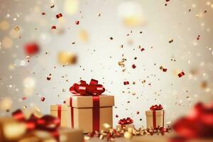 Stapel von Geschenk Kisten mit rot Band, Weihnachten und Neu Jahr Konzept, generativ ai. foto