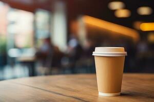 braun Papier Kaffee Tasse auf das Tabelle im Kaffee Geschäft Hintergrund, generativ ai. foto