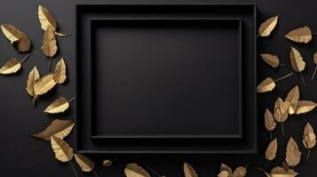 schwarz Rahmen mit Kopieren Raum Attrappe, Lehrmodell, Simulation auf schwarz Hintergrund umgeben durch Gold Blätter mit metallisch. ai generativ foto
