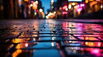 Reflexionen von Beleuchtung auf das nass Straße Oberfläche Pflasterung Steine nach Regen Nacht im groß Stadt Hintergrund. ai generativ foto