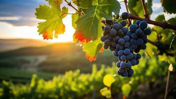 Weinberg mit reif Trauben im Landschaft beim Sonnenuntergang. Produktion von fein Weine Hintergrund. ai generativ foto