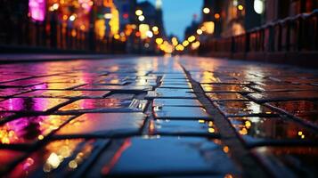 Reflexionen von Beleuchtung auf das nass Straße Oberfläche Pflasterung Steine nach Regen Nacht im groß Stadt Hintergrund. ai generativ foto