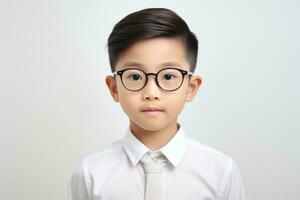 glücklich Schule Schüler, asiatisch Junge im Brille auf isoliert auf Studio Hintergrund mit Kopieren Raum, zurück zu Schule. ai generativ foto