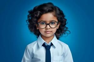 glücklich Schule Schüler, indisch Mädchen im Brille auf isoliert auf Studio Hintergrund mit Kopieren Raum, zurück zu Schule. ai generativ foto