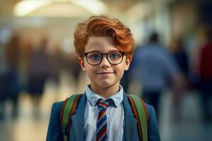 glücklich Schule Schüler, Ingwer Junge rot Haar im Brille auf Schule Hintergrund. ai generativ foto