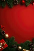 Weihnachten Banner mit Weihnachten Baum auf rot Segeltuch Hintergrund. fröhlich Weihnachten Karte. Winter Urlaub Thema. glücklich Neu Jahr. Raum zum Text. ai generativ foto