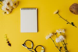 Notizbuch, Brille und Blume sind auf gelbem Hintergrund platziert foto
