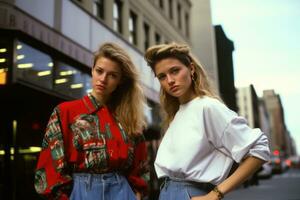 90er Jahre Erinnerungen. 90er Jahre Straße Stil zwei modisch Mädchen besitzen das Ära ikonisch Mode Tendenzen. ai generativ foto
