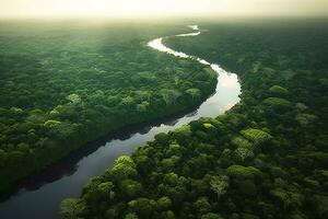 Antenne Aussicht von das Amazonas Urwald Landschaft mit Fluss biegen. generativ ai foto