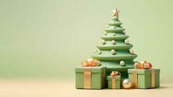 3d machen Weihnachten Baum mit Geschenk Kisten isoliert auf Grün Hintergrund mit Kopieren Raum. Karikatur Weihnachten und Neu Jahr Illustration. ai generiert foto