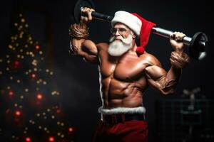 Santa claus Bodybuilder im ein spielerisch und wunderlich Benehmen, fördern ein gesund Urlaub Geist. generativ ai foto