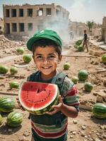 ein palästinensisch Kind hält oben ein Wassermelone, ein Symbol von Freiheit zum das palästinensisch Menschen foto