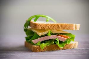 Sandwich mit verschiedene grüne, Käse, Wurst, Tomate foto