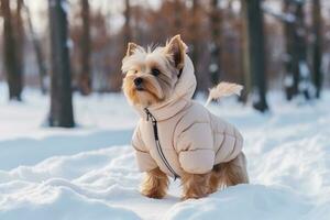 süß wenig Weiß Hund im Winter Kleider Stehen auf das Schnee im Winter. ein Zwerg Hündchen Spaziergänge im ein schneebedeckt Wald im kalt Wetter. foto