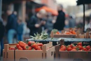 Ernte Erdbeeren. Verpackung Erdbeeren im Kisten zum Verkauf. neural Netzwerk ai generiert foto