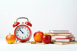 rot Alarm Uhr, Bücher und Äpfel auf Weiß Hintergrund. zurück zu Schule Konzept, Orange Alarm Uhr mit rot Apfel und Schule Ausrüstung. zurück zu Schule Konzept auf Weiß Hintergrund , ai generiert foto