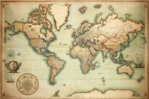 Jahrgang Karte von das Welt auf alt Papier. Sepia getönt, alt Antiquität Welt Karte auf Mercatoren Projektion, ai generiert foto