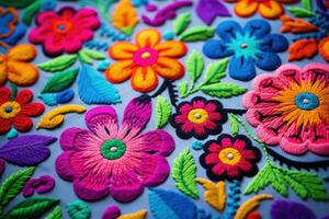 handgemacht bunt Blume Stickerei auf Stoff Hintergrund. schließen hoch, bunt gestickt dekorativ Textil- von otavalo Stadt beim das Handwerker Markt, ai generiert foto