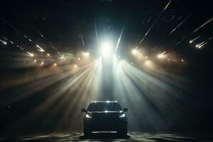 Verbrennung Auto Scheinwerfer im das dunkel im das Strahlen von Scheinwerfer. generiert durch künstlich Intelligenz foto
