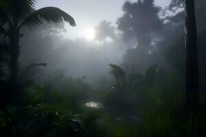 Nebel Landschaft mit Palme Bäume. neural Netzwerk ai generiert foto