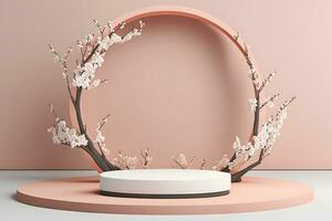 frisch üppig Rosa Sakura Blumen auf Ast mit Podium Attrappe, Lehrmodell, Simulation im Sanft Licht. neural Netzwerk ai generiert foto