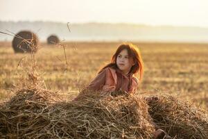 süß Teenager Mädchen im Feld mit Weizen Ausschnitte und Heuhaufen. Morgen, Nebel foto
