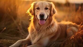 golden Retriever Hund Sitzung im das Gras beim Sonnenuntergang ai generiert foto