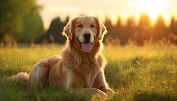 golden Retriever Hund Sitzung im das Gras beim Sonnenuntergang ai generiert foto