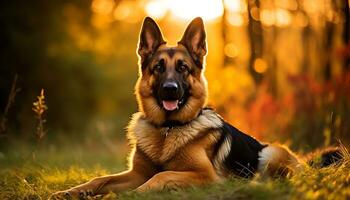golden Retriever Hund Verlegung im Gras beim Sonnenuntergang ai generiert foto