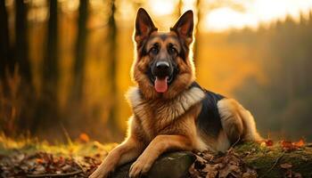 golden Retriever Hund Verlegung im Gras beim Sonnenuntergang ai generiert foto