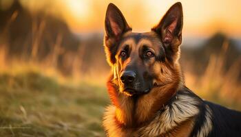 golden Retriever Hund Verlegung im Gras beim Sonnenuntergang ai generiert foto