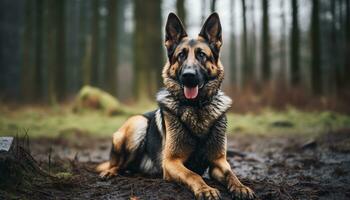 Deutsche Schäfer Hund Verlegung im das Gras beim Sonnenuntergang ai generiert foto