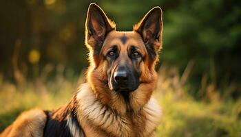 Deutsche Schäfer Hund Verlegung im das Gras beim Sonnenuntergang ai generiert foto