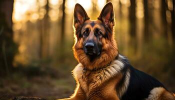 Deutsche Schäfer Hund Verlegung im das Gras beim Sonnenuntergang ai generiert foto