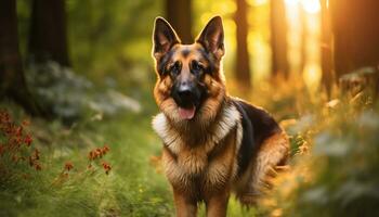 Deutsche Schäfer Hund Verlegung im das Gras beim Sonnenuntergang ai generiert foto