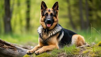 Deutsche Schäfer Hund Verlegung im das Gras beim Sonnenuntergang ai generiert foto