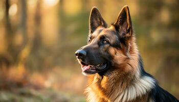 Deutsche Schäfer Hund Verlegung im das Gras beim Sonnenuntergang ai generiert foto