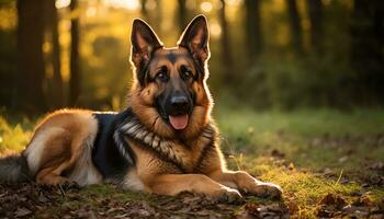 Deutsche Schäfer Hund Verlegung im das Gras beim Sonnenuntergang ai generiert foto