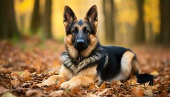 Deutsche Schäfer Hund Verlegung im das Gras beim Sonnenuntergang ai generiert foto