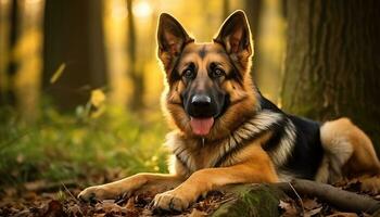 Deutsche Schäfer Hund Verlegung im das Gras beim Sonnenuntergang ai generiert foto